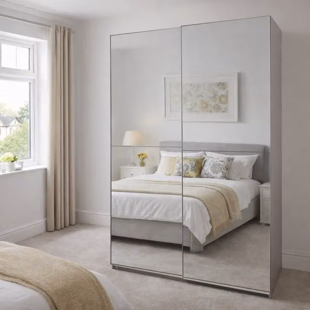 Tjs Queen 135 Sliding Wardrobe with Full Mirror in White, W/H: 135 x 180 cm