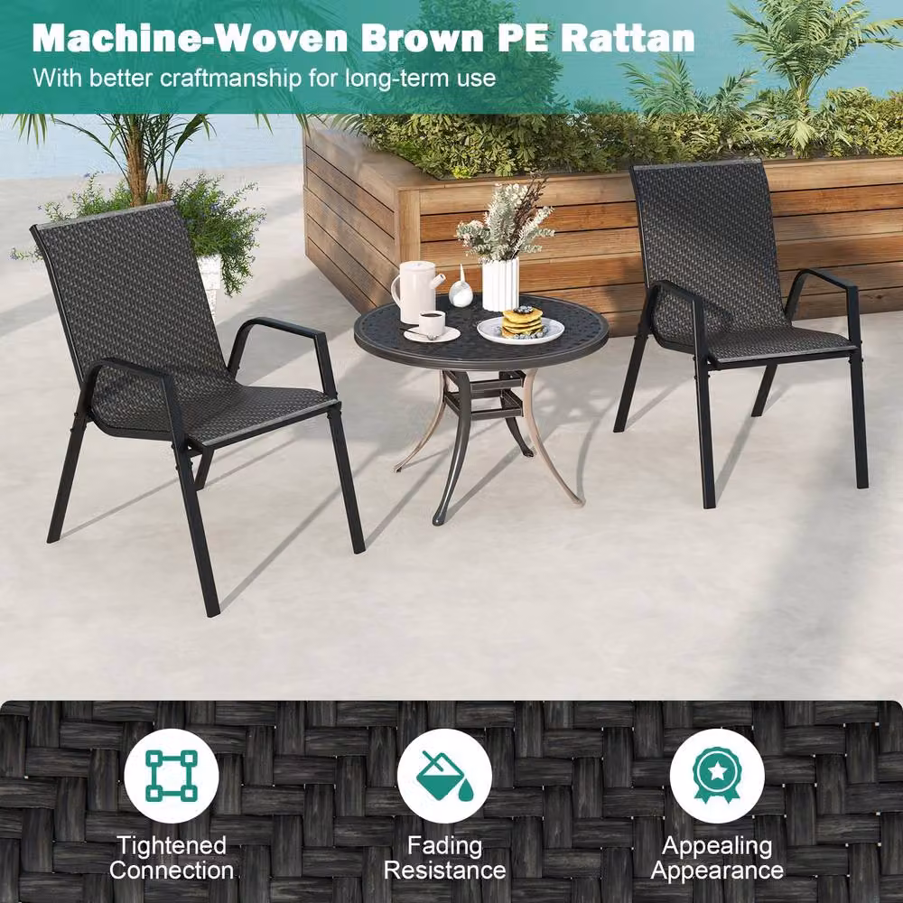 Costway Set of 4 Stackable Brown Polyrattan Patio Chairs for Garden and Outdoor Use – 4