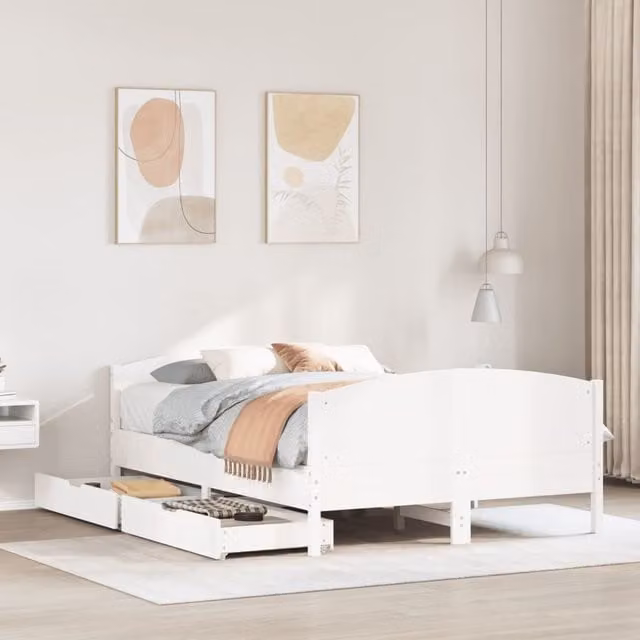 Berkfield Home White Solid Wood Pine Bed Frame with Drawers W: 140 cm, L: 190 cm