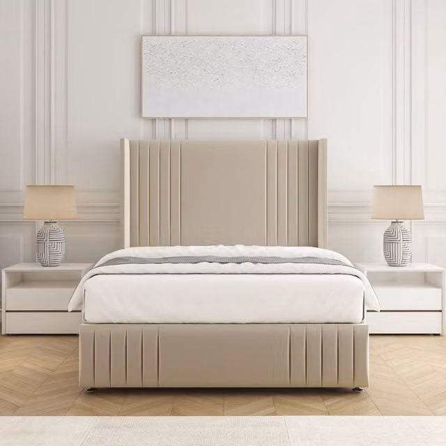 BSSPOKE Peyton Divan Bed Set with Headboard and Mattress in Beige Plush Velvet, Small Double, W/D/H: 120 x 200 cm