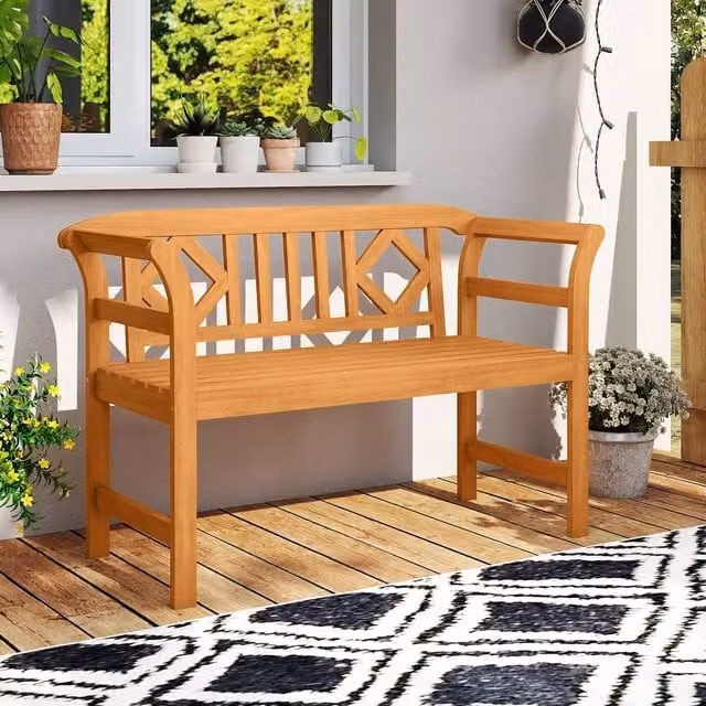 Costway Acacia Wood 2-Person Outdoor Patio Loveseat with Backrest and Armrests in Brown – 1
