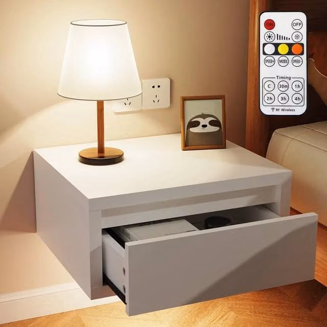 SPETLEK Wall Mounted Bedside Cabinet Floating Nightstand in White with Integrated Lighting – 1