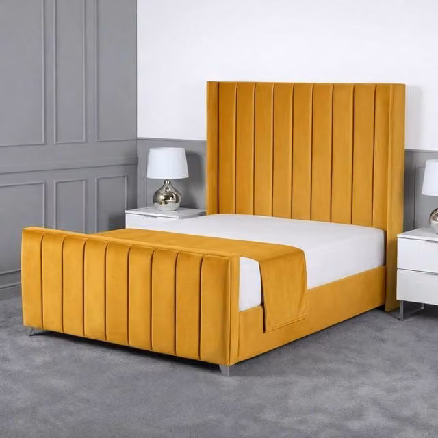 Living Comfort Bedz Imperial Winged Gas Lift Storage Upholstered Bed in Yellow Velvet, King Size (180 x 200 cm)