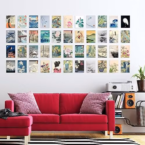 Artery8 Japanese Aesthetic Ukiyo-e Woodblock Wall Art Prints, 50 Piece Multicolour Collage Kit, W: 15 cm, H: 10 cm – 2