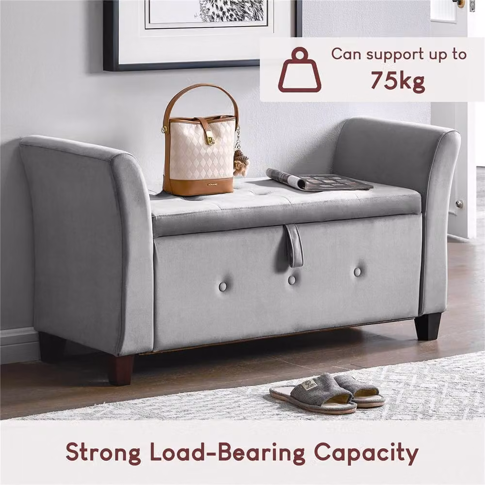 Kelvenix Grey Velvet Rectangular Storage Ottoman Seat Stool – 5