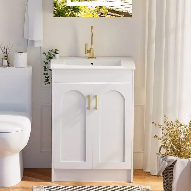 KEEPREAPER Sleek White Glossy Mid-Century Bathroom Vanity Unit with Ceramic Wash Basin and 2 Soft-Close Hinged Doors – 1