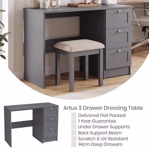 FWStyle Artus Matt Grey 3 Drawer Dressing Table, W: 99 cm, D: 40 cm, H: 72 cm – 4