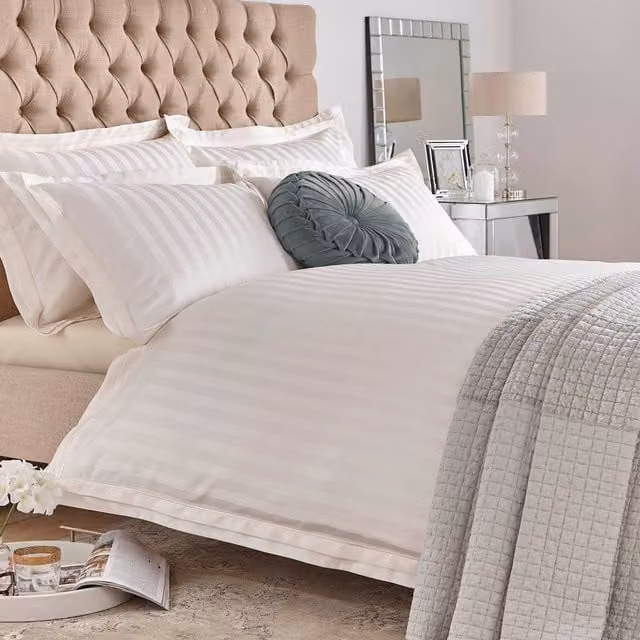 Laura Ashley Shalford Cream and Beige Striped Cotton Mako Satin Duvet Cover and Pillowcase Set