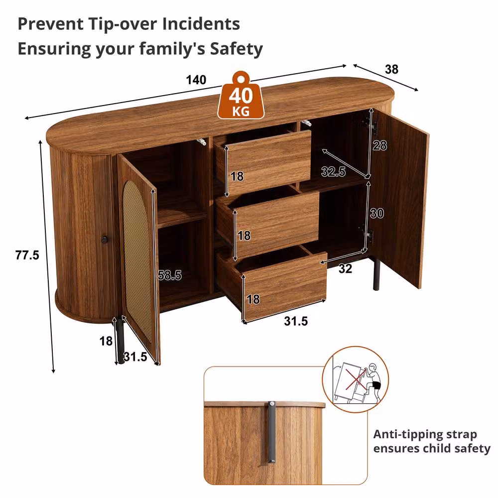 BTM Scandinavian Rattan Sideboard with Sliding Doors and Drawers in Walnut Brown – 5