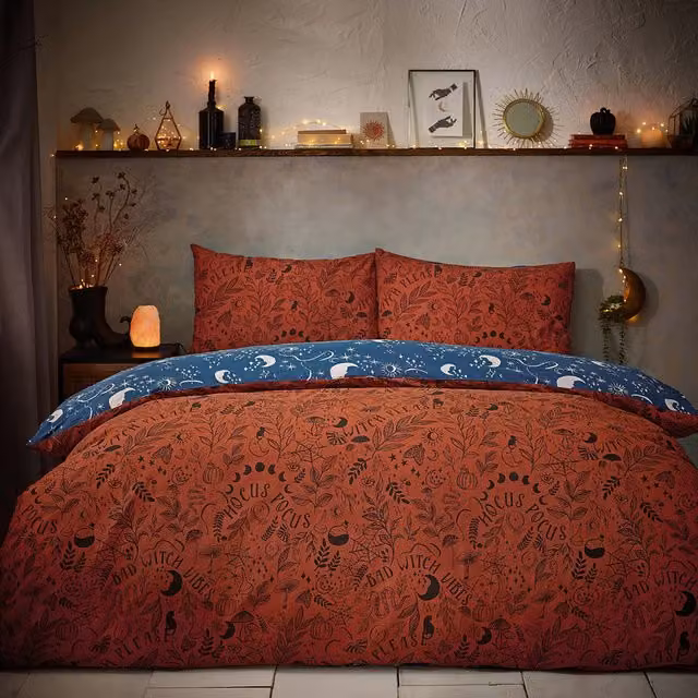 Make it a Home Witchy Vibes Reversible Graphic Duvet Cover Set, Orange, W: 180 cm, H: 200 cm