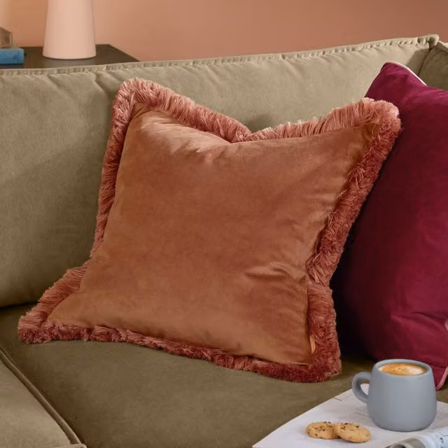 Furn Halo Fringed Velvet Cushion in Beige Pink, W/D/H: 50 x 50 x 50 cm