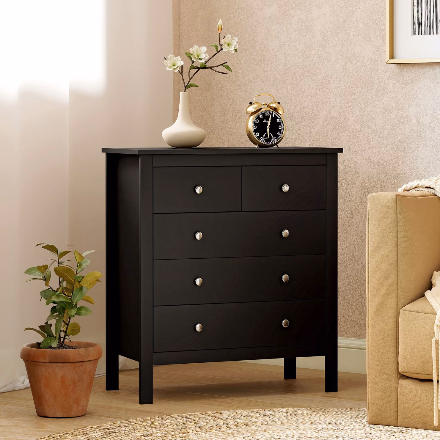 HOMCOM Modern 5 Drawer Dresser and Wide Storage Chest in Black – 6