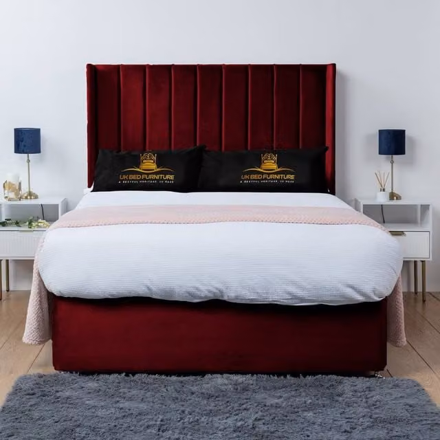UK Bed Furniture Bella Wingback Divan Bed Base with 54 Inch Headboard, Red Velvet Fabric, W/D/H: 200 x 200 cm