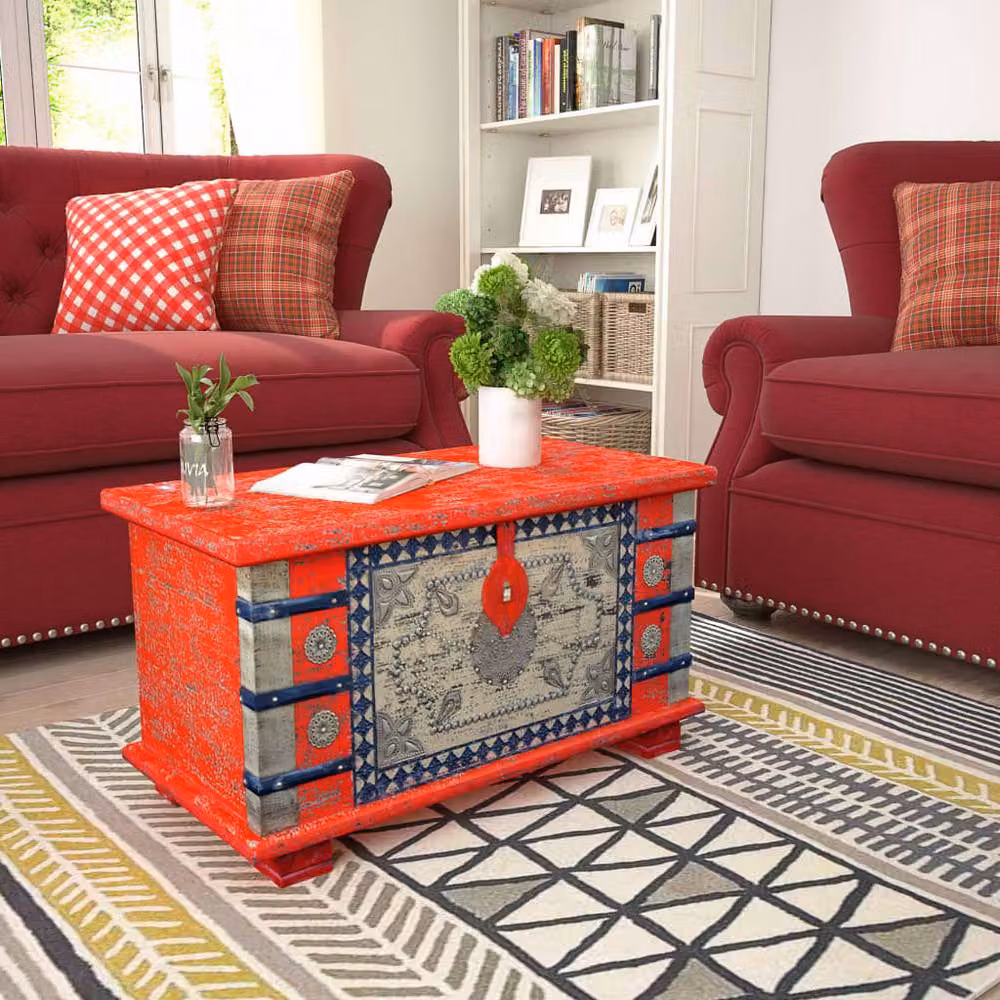 Berkfield Home Red Mango Wood Oriental Storage Chest, W: 80 cm, D: 40 cm, H: 45 cm – 5