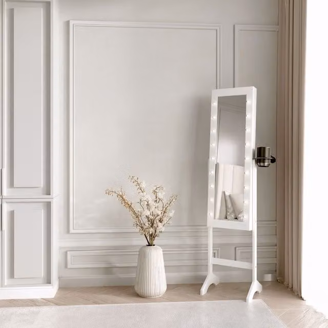 CARME HOME Zoey White Jewellery Storage Cabinet with Full Length LED Mirror and 6 Drawers, H 146 x W 35 x D 31 cm