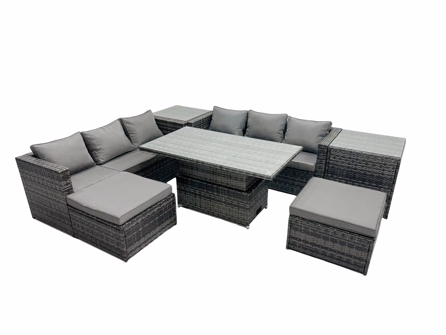 Fimous 8-Seater Rattan Outdoor Dining Set with Sofa, 2 Side Tables and 2 Stools in Dark Grey – 2