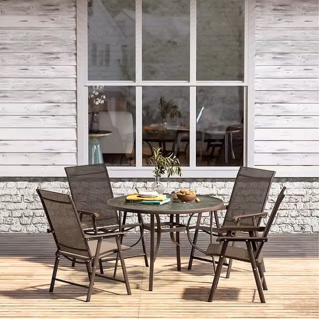 Livingandhome Brown Bistro Set with Round Tempered Glass Table and 4 Metal Folding Chairs