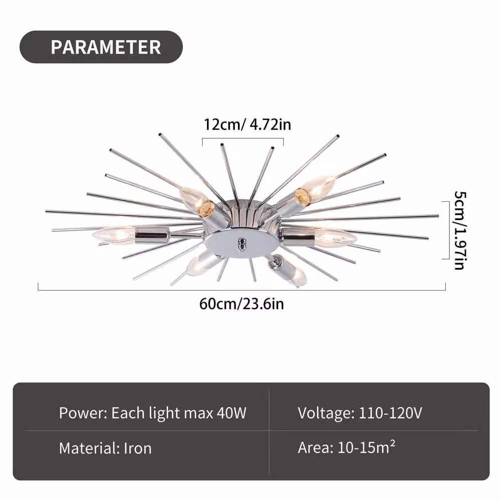NIVOR 6 Light Sputnik Dimmable Chrome Flush Mount Ceiling Lamp in Metallic Silver – 2