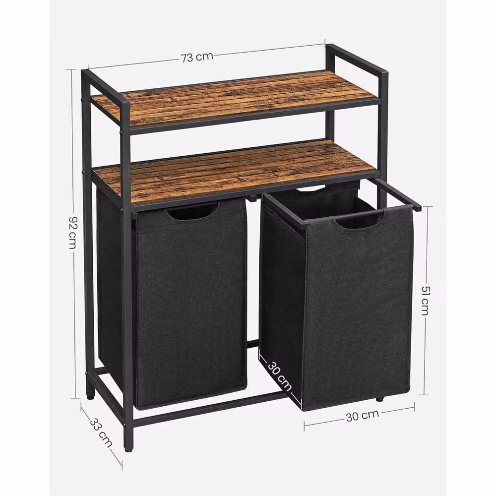 The Bazaarist Double Laundry Hamper with Pull Out Removable Bags and Shelves, Brown and Black – 3