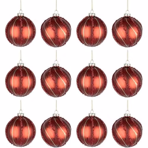 SHATCHI 12-Piece Red Glass Christmas Bauble Set with Assorted Geometric and Striped Designs, Diameter: 8 cm