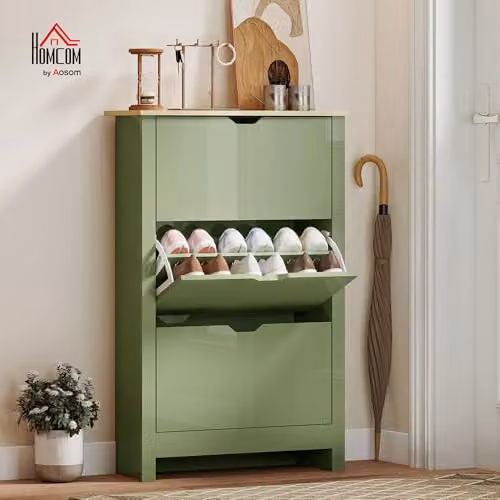 HOMCOM Green Slim Shoe Storage Cabinet with Tilting Compartments and Internal Shelves, W/D/H: 72 x 26 x 112 cm – 2