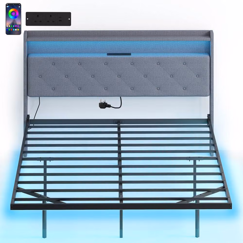 STILVORA Grey Fabric Floating King Bed Frame with RGB LED Under-Bed Lighting, USB Charging Ports and Bedside Shelves, W/D/H: 180 x 200 cm – 7
