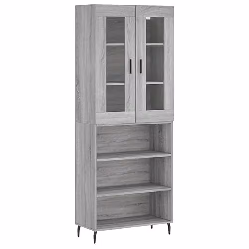 vidaXL Modern Grey Highboard with Glass Doors and Internal Shelves, W/D/H: 69.5 x 34.0 x 180.0 cm