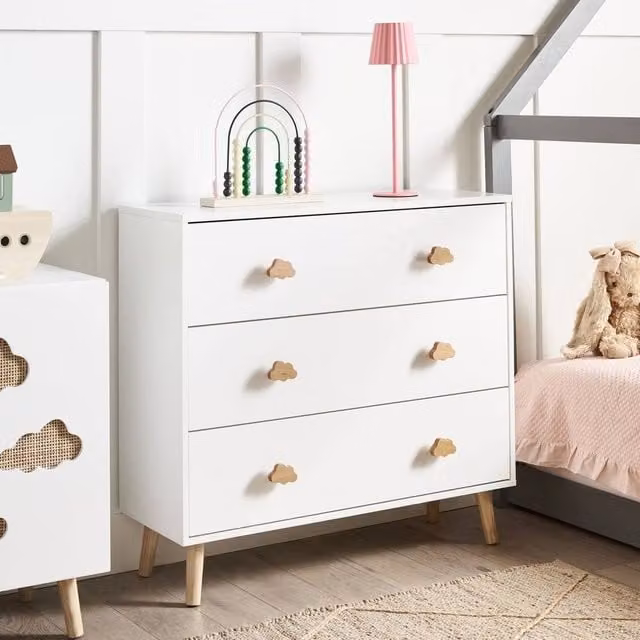 Wyld and Coco 3-Drawer White MDF Chest with Pine Legs and Cloud Handles