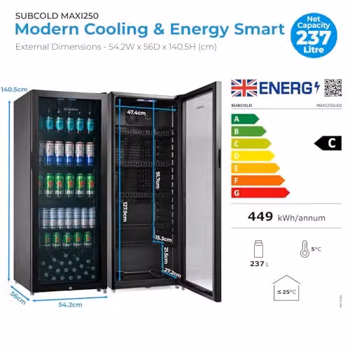 Subcold MAXI250LED Tall Drinks Fridge with Glass Door, 237L Capacity, Lockable and Reversible, Black or Silver – 3