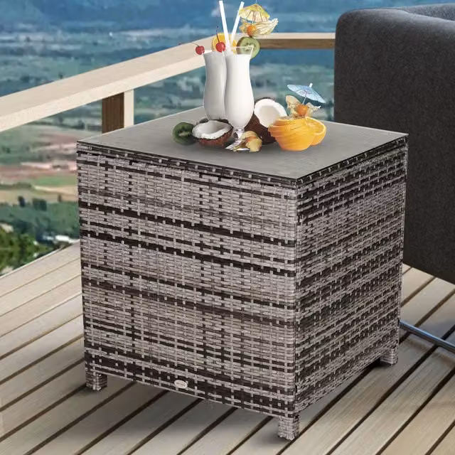 Outsunny Rattan Garden Side Table with Glass Top in Grey