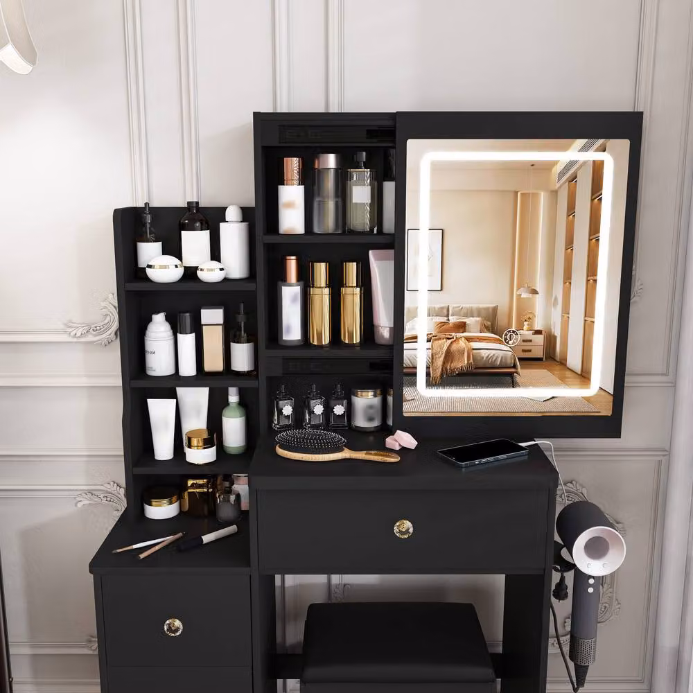 Rolipo Modern Black Makeup Vanity Desk with Hollywood LED Mirror and 4 Drawers – 8