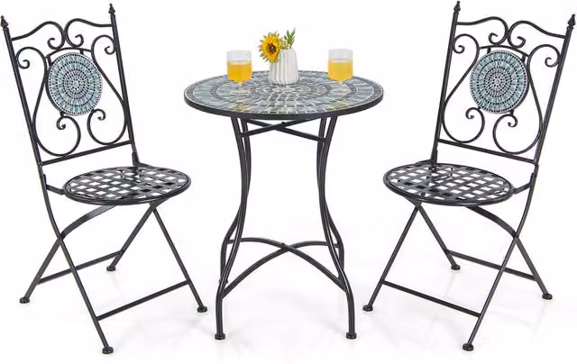Costway 3 Piece Black Powder Coated Steel Patio Bistro Table and Chair Set with Round Glass Top