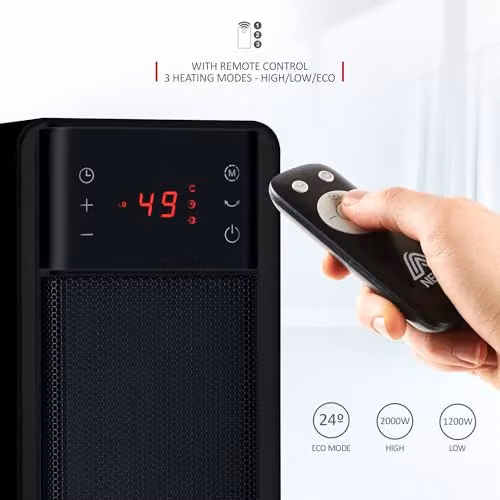 Netta 2000W Black Ceramic Fan Tower Heater with Remote Control and LED Display – 6