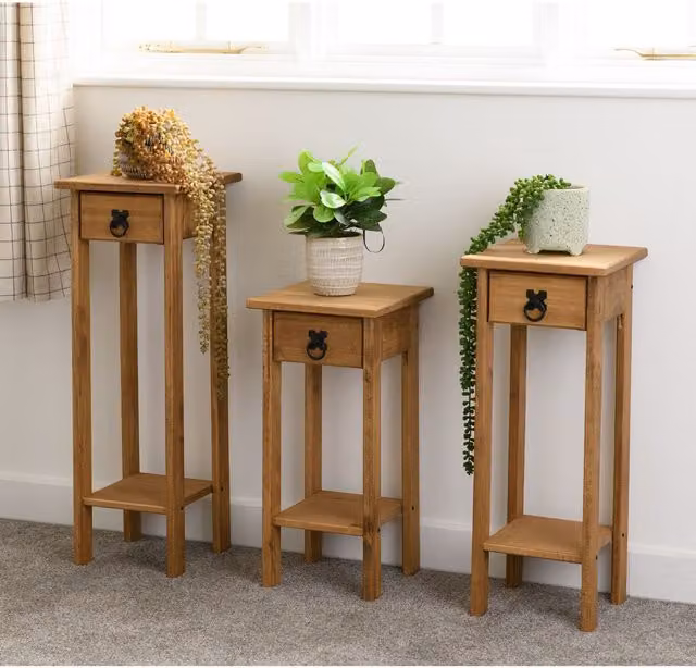 Seconique Corona Set of 3 Rustic Waxed Pine Plant Stands in Brown and Black, H: 73.0 cm, W: 27.0 cm, D: 25.0 cm – 3