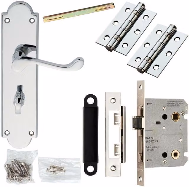 Loops Victorian Scroll Door Handle and Bathroom Lock Pack in Chrome, Backplate W: 49 mm, H: 205 mm