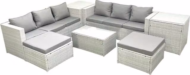 Fimous Garden 8 Seater PE Rattan Outdoor Furniture Set with 2 Large Footstools and 2 Side Tables in Light Grey Mixed