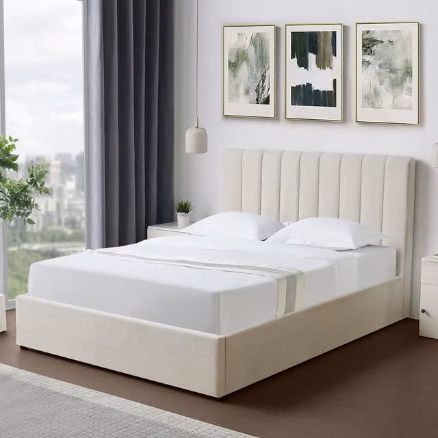 Artemis Home Evelynne Upholstered Fabric Double Ottoman Bed Frame with Storage in Beige