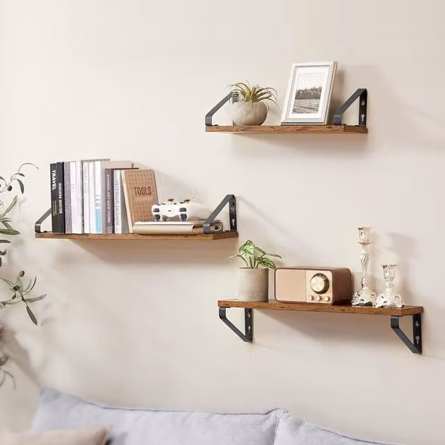 The Bazaarist Set of 3 Rustic Brown and Black Wall-Mounted Floating Shelves with Metal Brackets