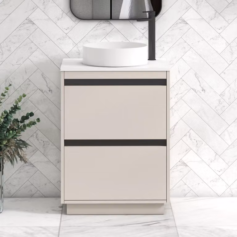 Royal Bathrooms Orion 600mm Warm Taupe Floor Standing Bathroom Vanity Unit with 2 Drawers, Plain White Undrilled Worktop and Black Accent Trim