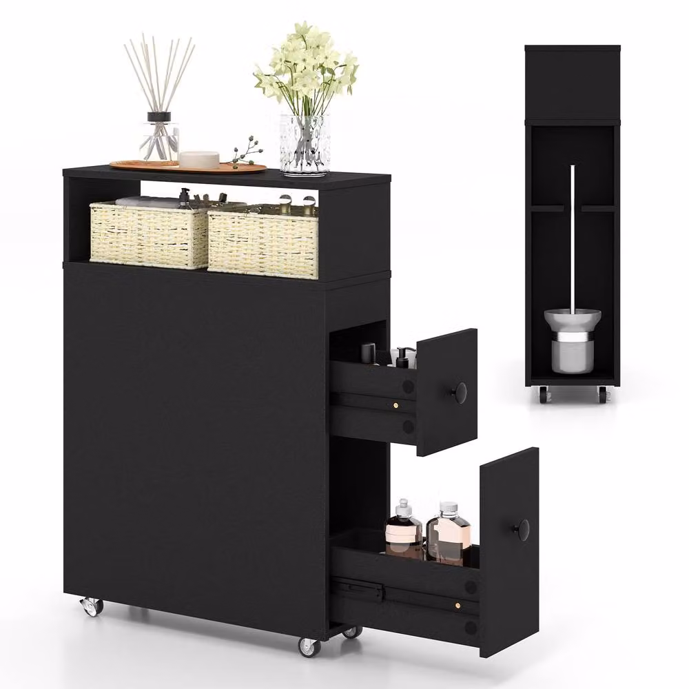 Costway Movable Narrow Bathroom Storage Cabinet with Rattan Detail in Black – 7