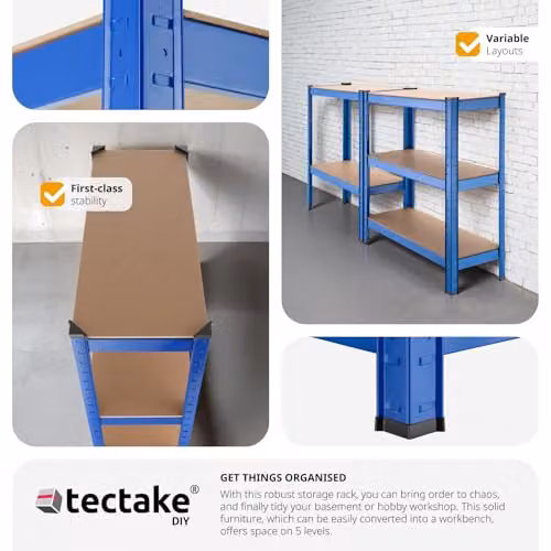 tectake Heavy-Duty 5-Tier Garage Shelving Unit with MDF Shelves, Blue, W: 172.0 cm, D: 75.5 cm, H: 30.5 cm – 4