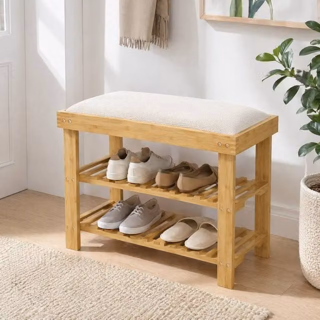 STILVORA Modern Shoe Bench with Fabric Cushion and 2 Shelves in Beige, W/D/H: 120 x 49 x 60 cm – 1