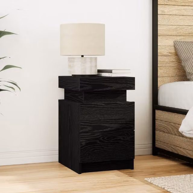 Berkfield Home Modern Bedside Cabinet in Black Oak with Integrated LED Lights, W: 35 cm, D: 39 cm, H: 55 cm – 1