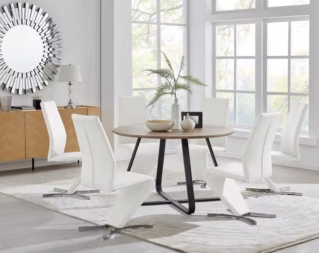 FurnitureboxUK Santorini Round Brown Wood Effect Dining Table and 6 Willow Off-White Chairs, W: 120 cm, H: 75 cm
