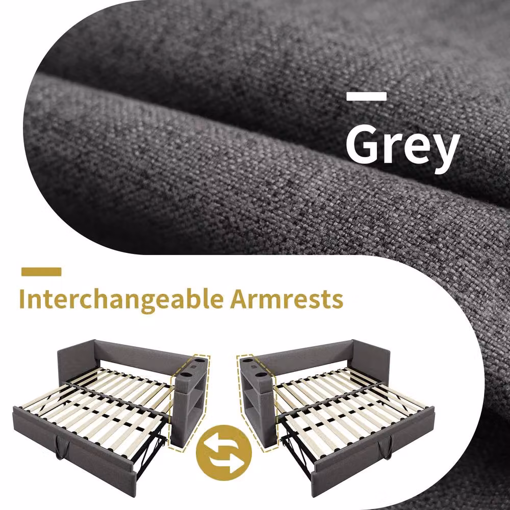 Rolipo Grey Upholstered Single Daybed with Trundle, USB Charging Ports and Side Compartments, W/D/H: 90 x 190 cm – 4