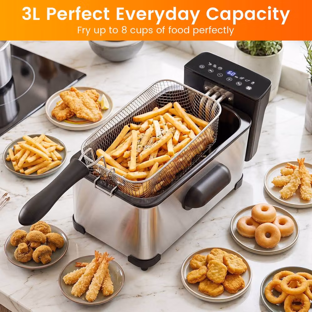 Costway 3L Electric Deep Fryer with Basket, 2000W, LED Touch Screen and 6 Presets in Silver – 6