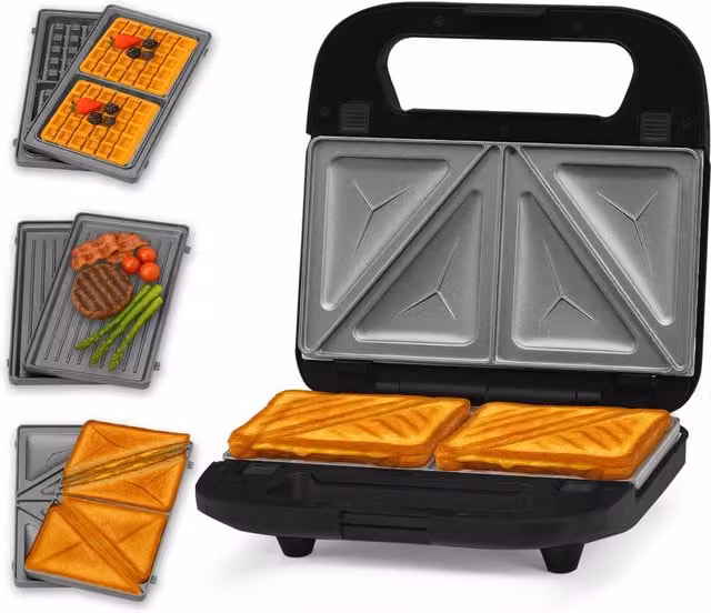 Innoteck 3 in 1 Sandwich Waffle and Panini Maker with Removable Non Stick Plates, Black