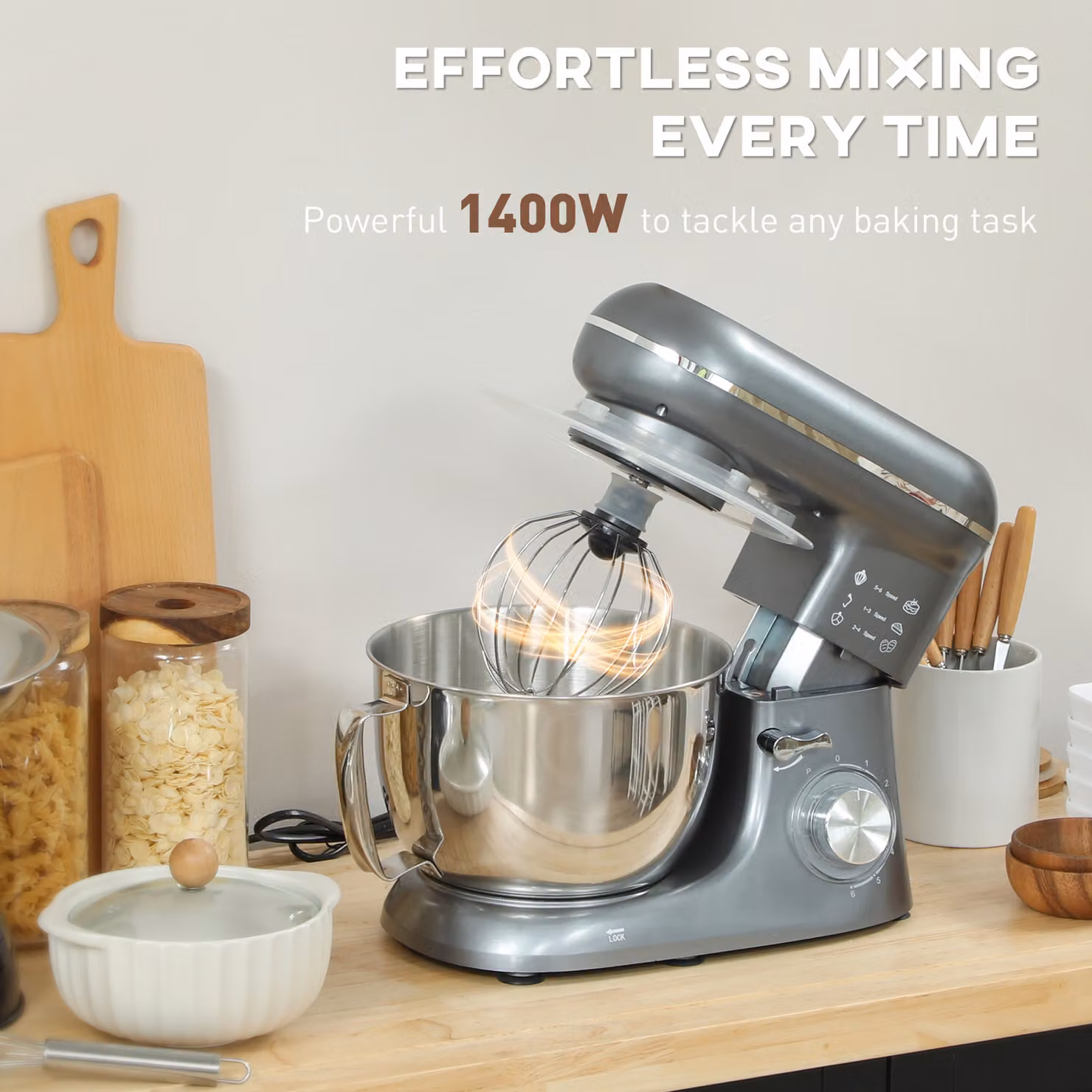HOMCOM 1300W Kitchen Stand Mixer with Accessories in Silver – 4