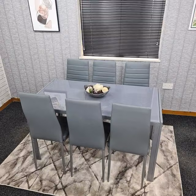 Kosy Koala Modern Rectangular Glass Dining Table and 6 Grey Faux Leather Chairs Set in Brown