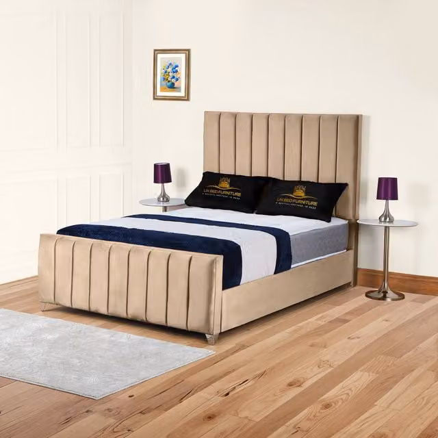 UK Bed Furniture Lisburn Upholstered Slatted Base Bed with 48 Inch Headboard in Beige, Size: 180 x 200 cm
